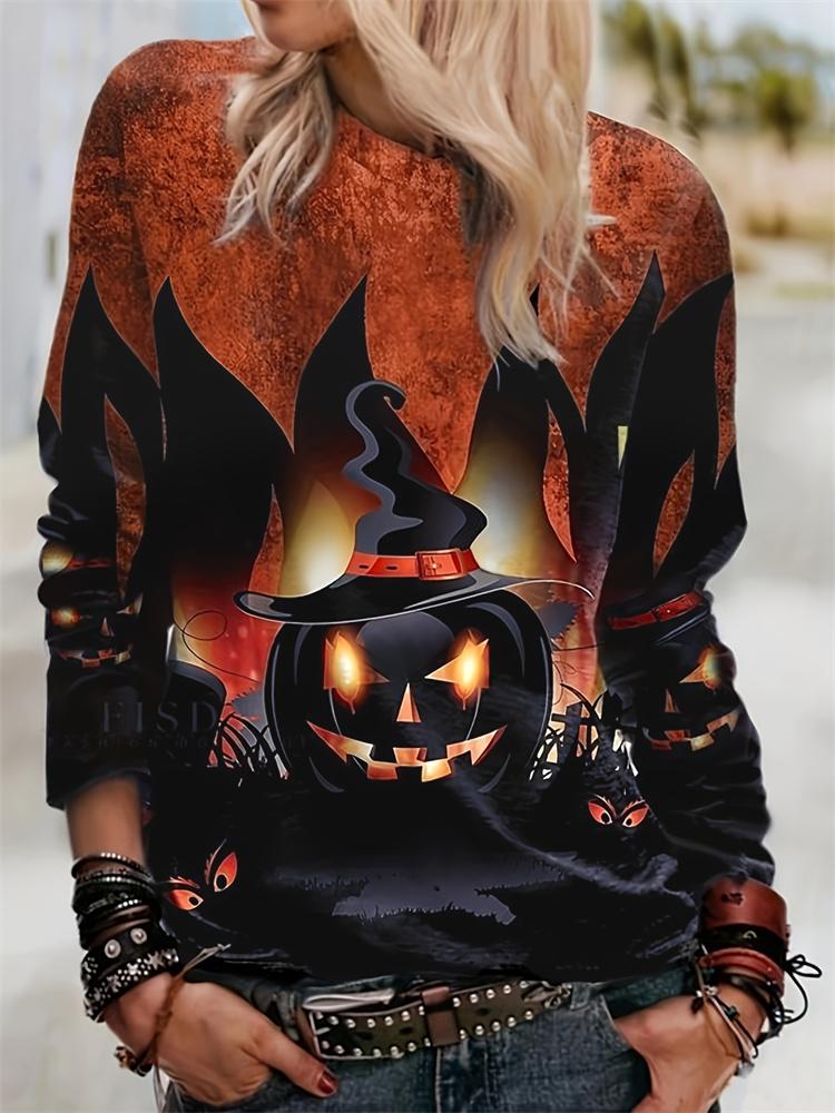 

Halloween Ladies Long Sleeve T-shirt Black Pumpkin Head Print Street Fashion Ladies Loose Long Sleeve Top Everyday Casual Top S