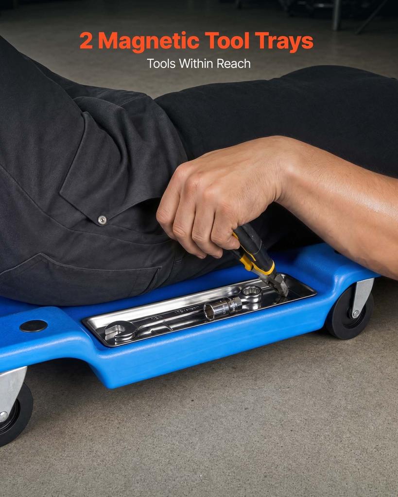 1m Mechanic Creeper with LED Light, Low Profile Plastic Garage Creeper, 158kg Under Car Rolling Creeper with 6 Swivel Casters, Padded Headrest & Tool