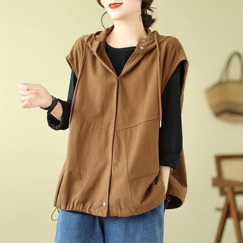 

Женский жилет Хлопковый Оверсайз Утепленный Осень Зима Ретро Теплый Повседневный С Капюшоном Без Рукавов Топы XL