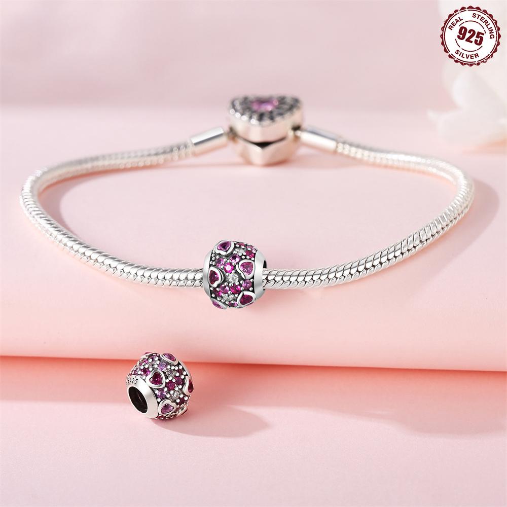 Beads Copper Charms Original Pink Heart Zircon Stone Beads Fit Bracelet Jewelry Diy Women Fine Gift Accessory