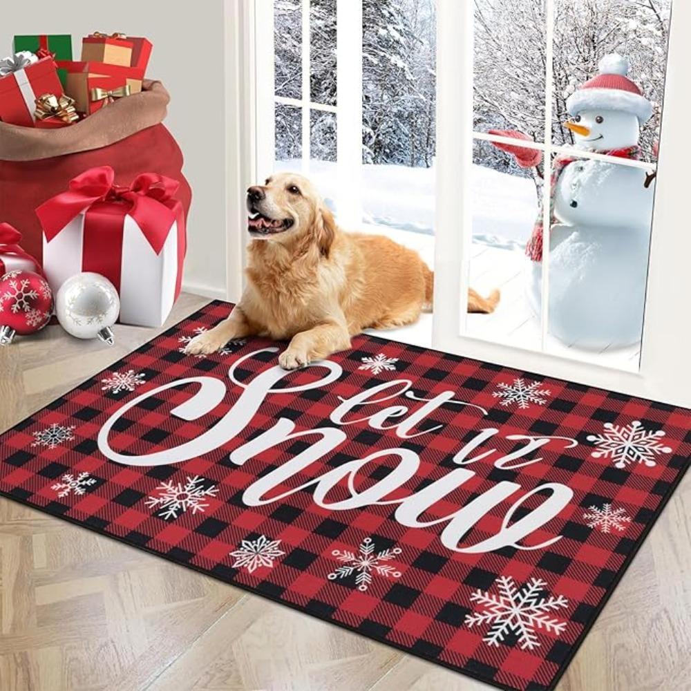 Christmas Carpet Mat Rug Red Plaid Snowflake & Beige Gnome Pattern with Welcome Text Non-slip Home Decoration Welcome Mat
