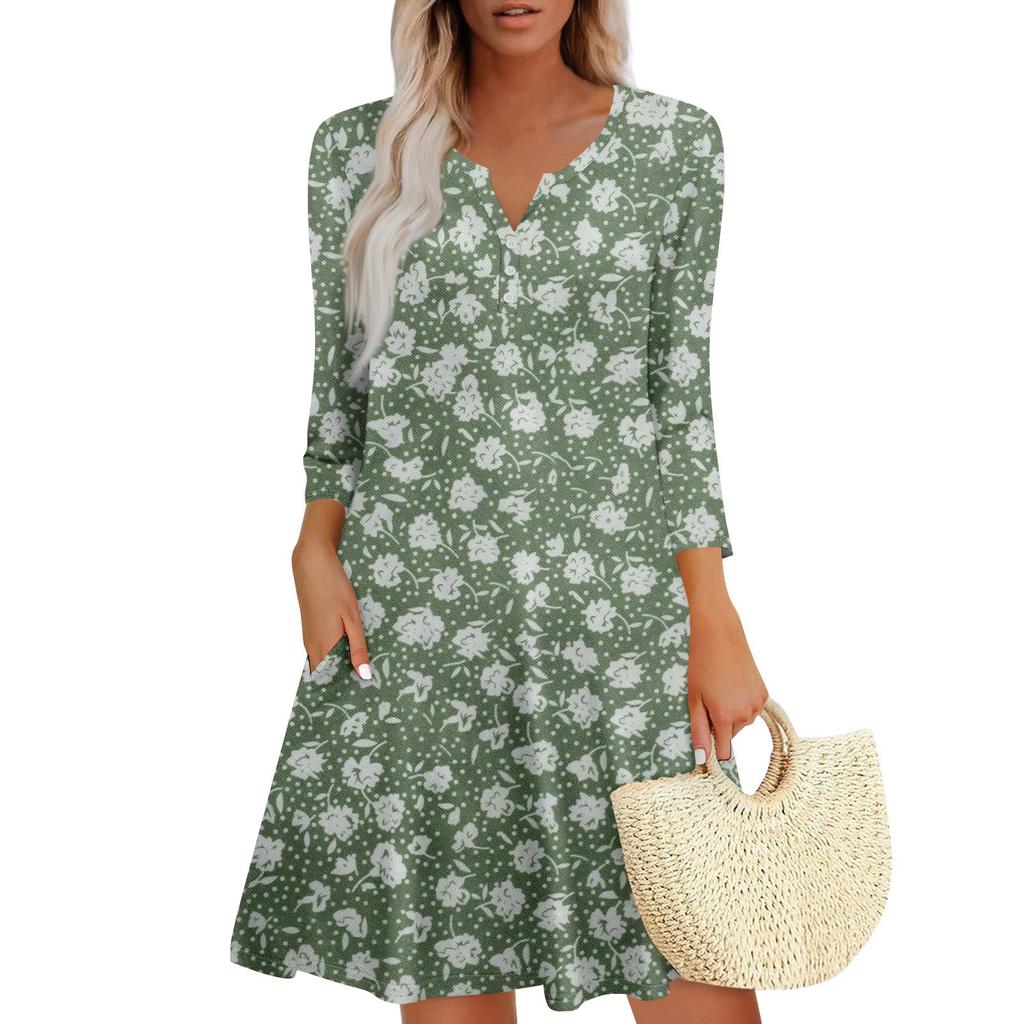 Women's Summer Dress Loose V Neck Three-quarter Sleeve Sundress With Pockets Dress