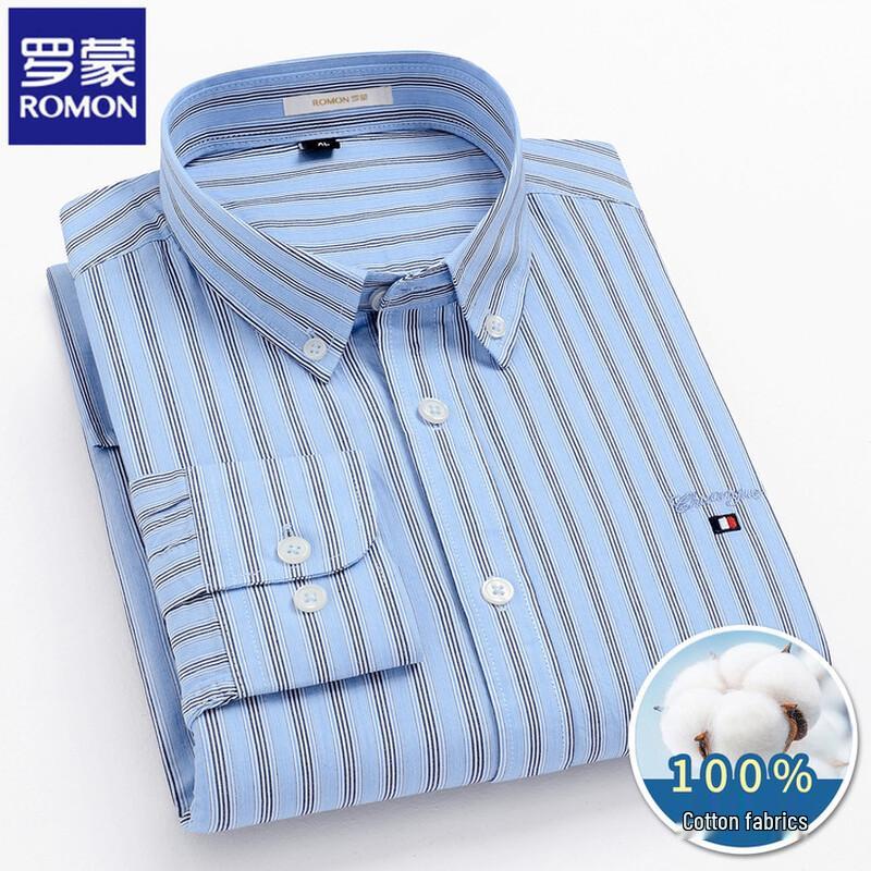 

Romon Men s Blue Striped Long Sleeve Oxford Shirt XL