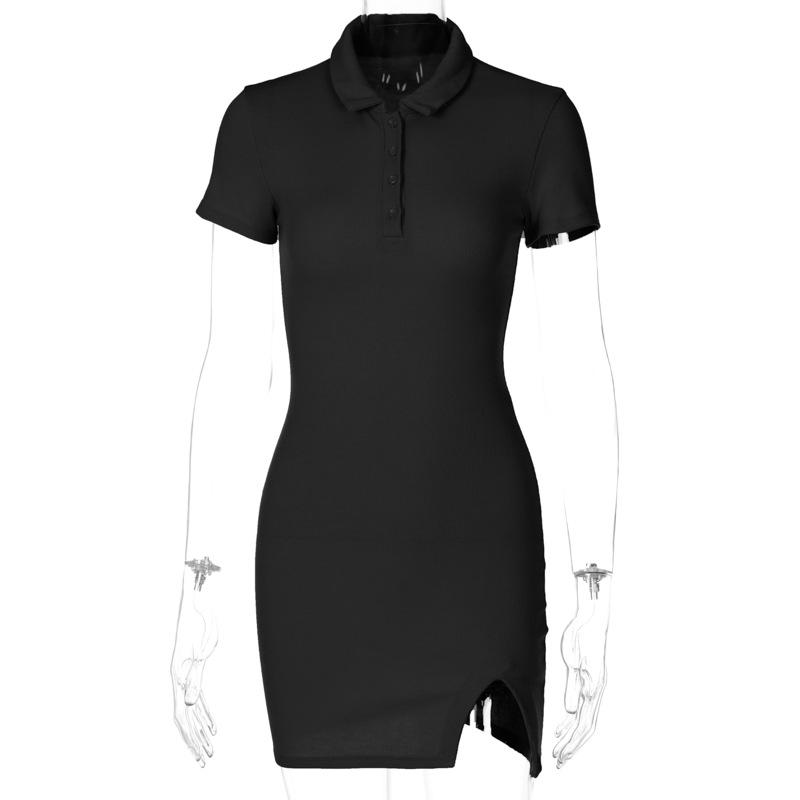 Short Sleeve Slit Sexy Mini Dress Summer Women Fashion Streetwear Outfits Cute Solid Party Clothing S чёрный