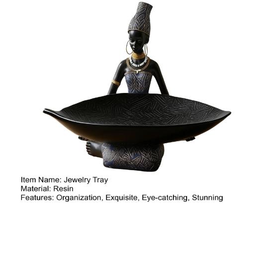African Woman Holding Leaf Bowl Resin Statue Tribal Kneeling Figurine Jewelry Tray Desktop Decorative Snack Holder for Home Shelf Decor