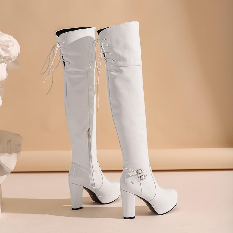 Dámské boty na vysokém podpatku podzimní a zimní klasické voděodolné platformové silný podpatek plus kozačky nad koleno