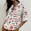 Women's Fashion Casual Button V-Neck Cotton And Linen Independence Day Printed Seven Sleeve T-Shirt Top