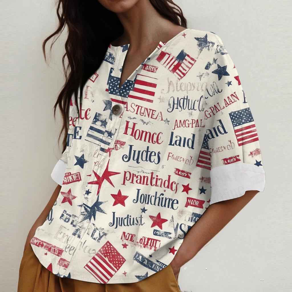 Women's Fashion Casual Button V-Neck Cotton And Linen Independence Day Printed Seven Sleeve T-Shirt Top