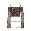 2025 European & American Women's Leopard Print One-Shoulder Semi-Sheer Long-Sleeve Top.
