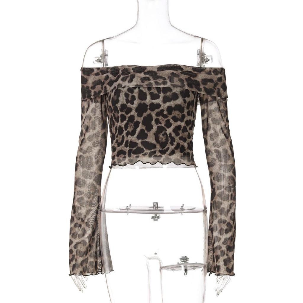 2025 European & American Women's Leopard Print One-Shoulder Semi-Sheer Long-Sleeve Top.