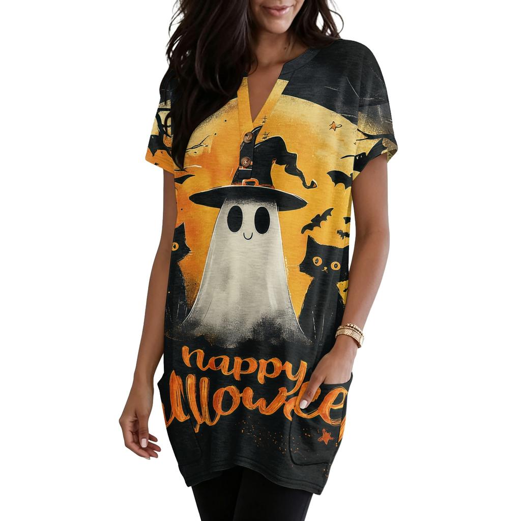 Women's V Neck Halloween Print Short Sleeve Pullover Dress with Pocket Casual Loose Fit Tunic Dress for Daily Wear