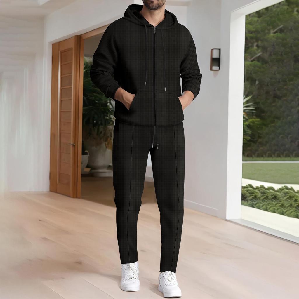 2024 Winter Waffle Pocket Zipper Hooded Jacket & Long Pants Set