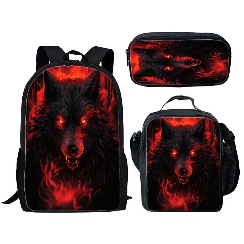 Animal Wolf Three Piece Set for Children and Elementary School Students, Large Capacity Backpack, Meal Pack, Pen Bag