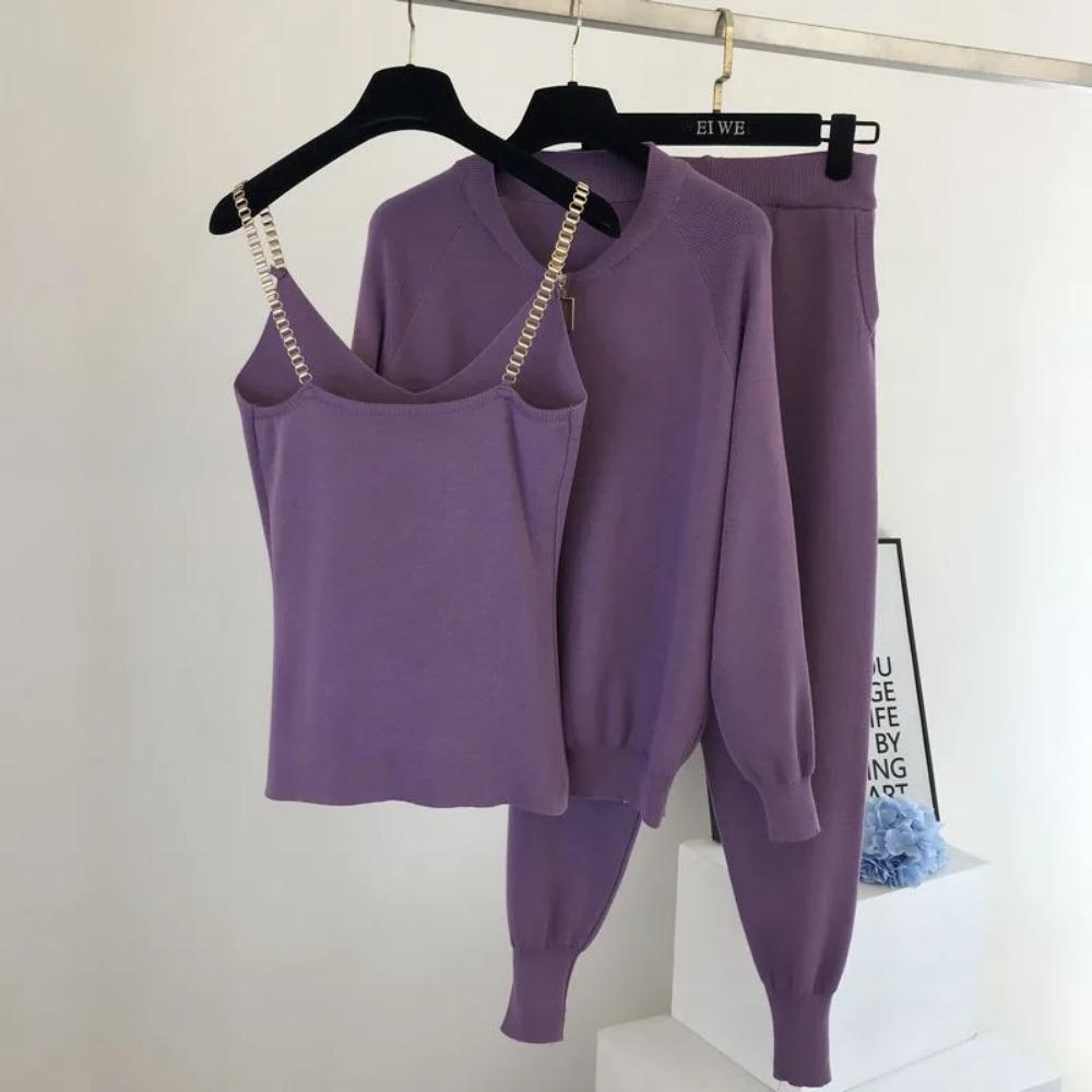 3 Piece Set Women Knitted Set Zipper Cardigan Jacket+pencil Pant+camisole Matching Sets Purple Black Khaki Outfits for Women