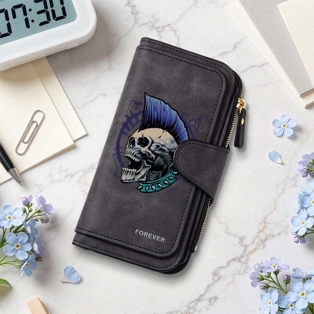 Skull Printed Long Wallet Punk Style Bifold Card Holder Large Capacity Casual Purse