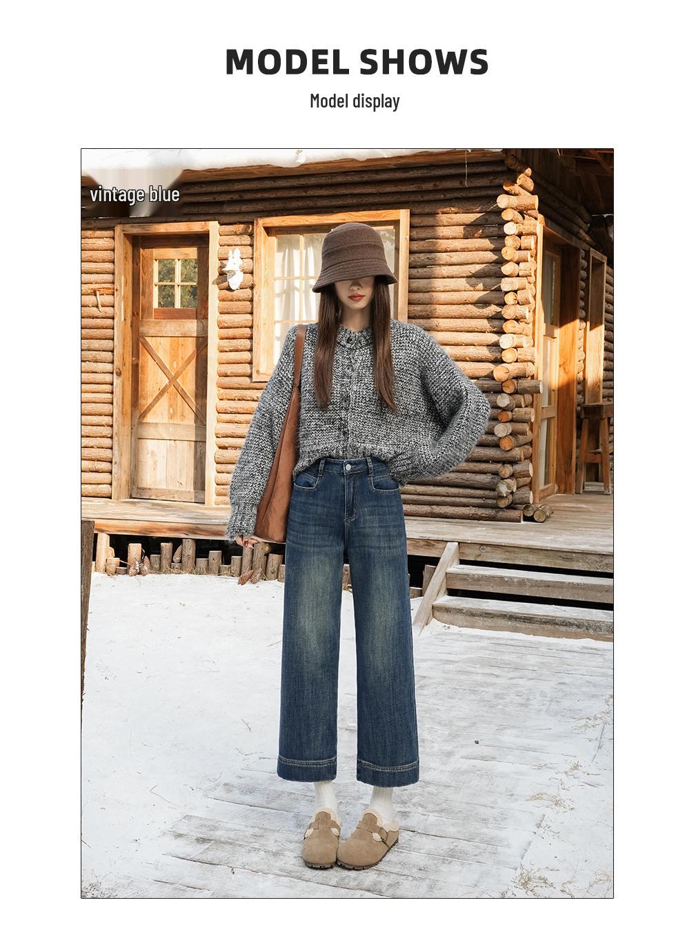 Petite Women s Warm Fleece-Lined High-Waisted Straight-Leg Elastic Jeans - Cropped, Thick, and Versatile for Autumn & Winter. L