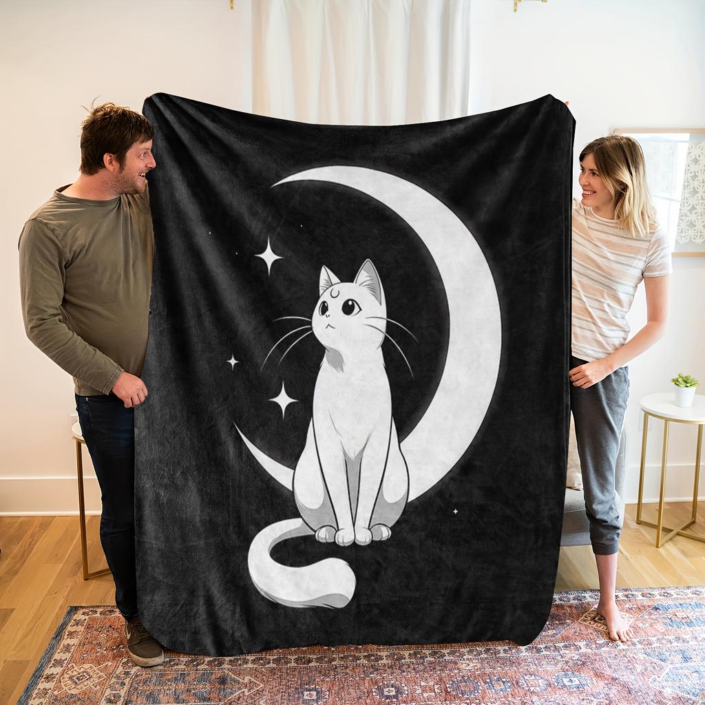 One Comfortable Black and White Cat Moon Theme Flannel Blanket, Soft High-Definition Digital Print, Suitable for All Seasons! A