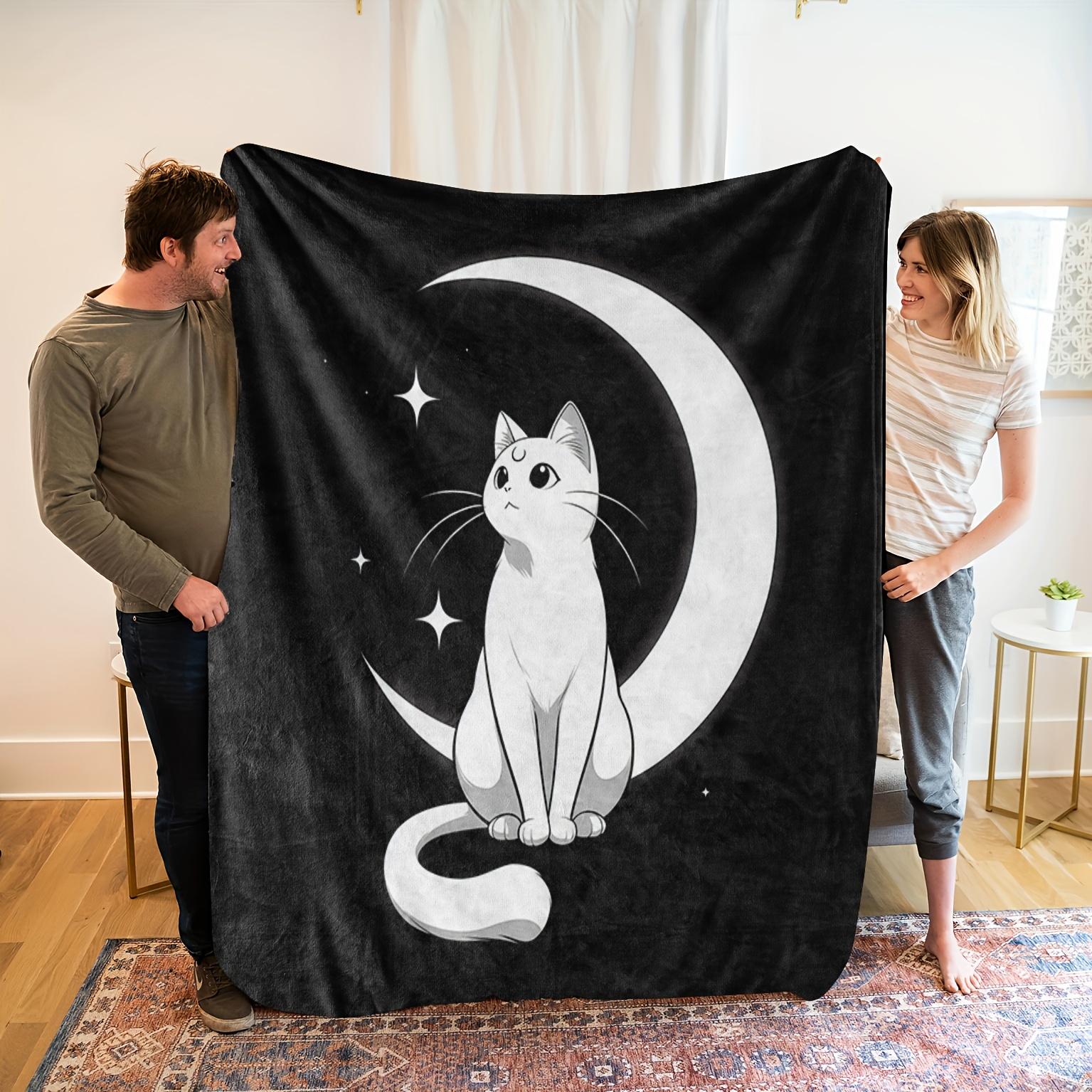 One Comfortable Black and White Cat Moon Theme Flannel Blanket, Soft High-Definition Digital Print, Suitable for All Seasons! A 130x150cm51x59in