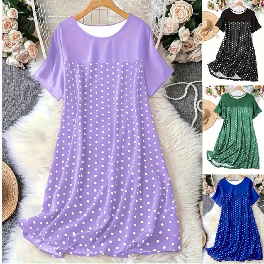 New Spring Summer Polka Dot Crew Neck Short Sleeve Nightdress Comfortable Dress Women's Clothing