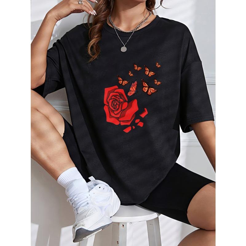 White T Shirt With Red Rose And Butterflies Print For Casual Wear
