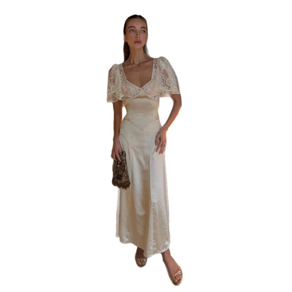 European and American Women's Clothing Summer New Sexy Temperament Lace Splicing Slim and Thin Long Dress