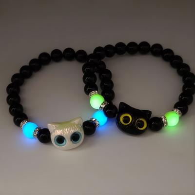 Luminous Cat Bracelet Faux Agate Resin Smooth Beads Rhinestone Decor Adjustable Glows In Sunlight