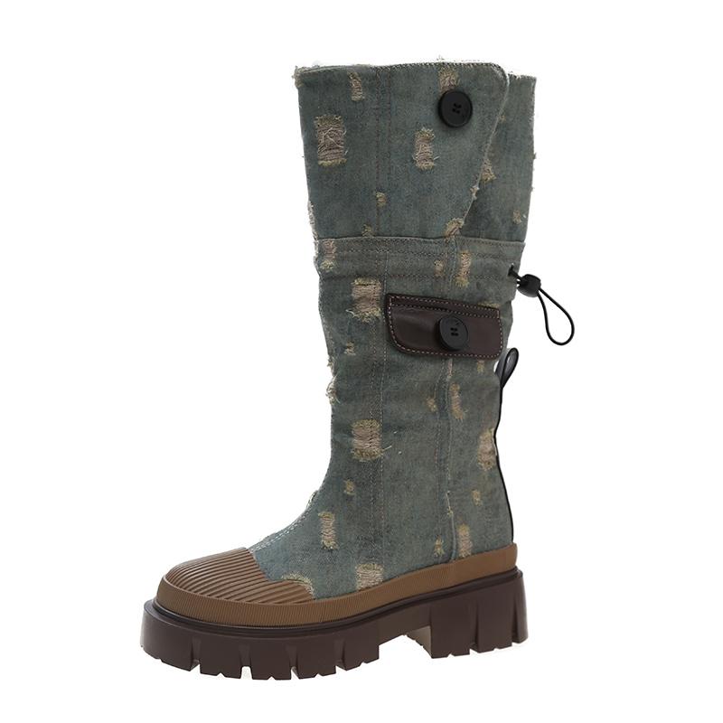 Botas de cano curto plataforma grossa de lona da moda quente para mulheres com zíper e sola grossa, botas de motocicleta femininas com aumento de altura, botas punk de cano médio