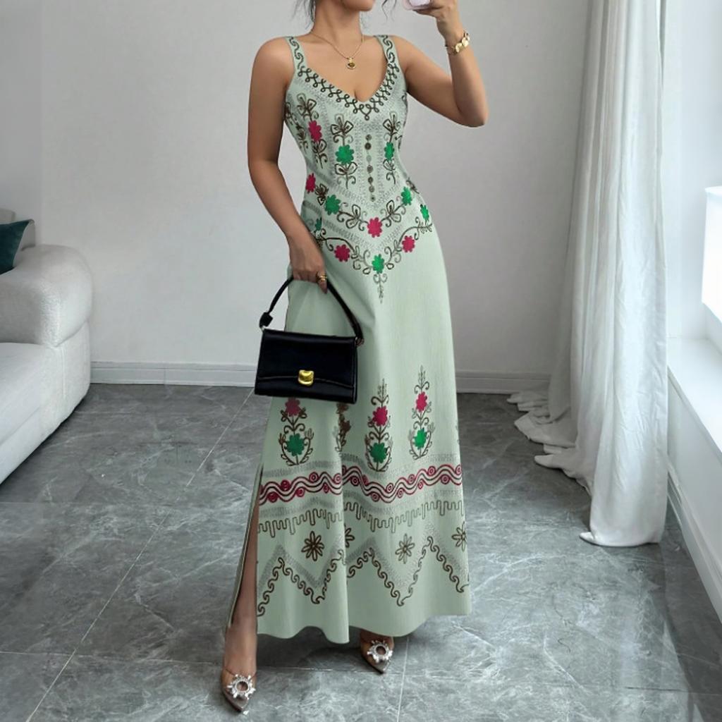 Women's Sleeveless V Neck Vintage Floral Print Maxi Dress with Side Slit Elegant Casual Summer Dress for Outdoor Events