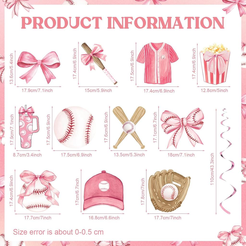 Funrous 22 Pcs Baseball Coquette Party Decoration Pink Bow and Baseball Hanging Swirl Spiral Ceiling Streamer Sport Theme Hanging Decor for Birthday