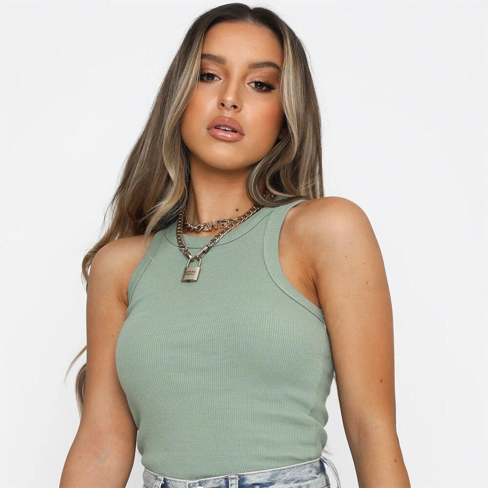 Maglietta basic sexy da donna senza maniche in maglia estiva Maglietta bianca con spalle scoperte a costine Canotta nera Streetware Camis Femme Skinny