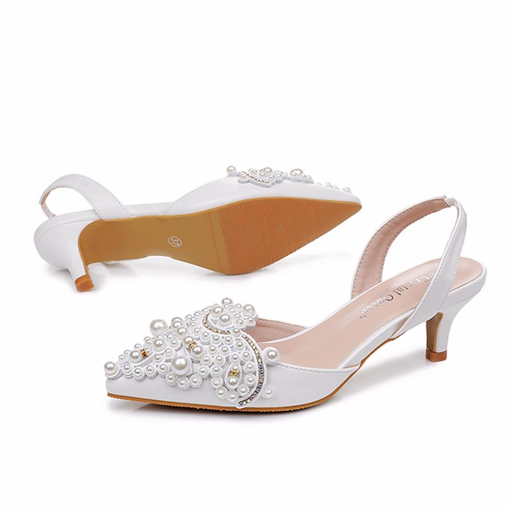 5cm New White Wedding Shoes Bridesmaid Shoes Women's Lace Shoes Fashion High Heels Pearl Pumps