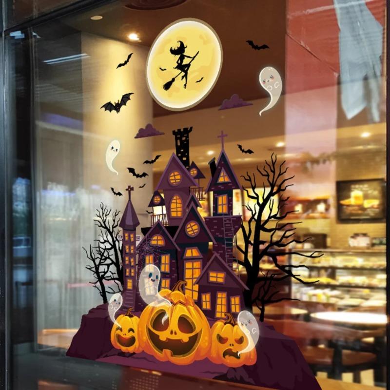 Halloween Wall Stickers Removable Happy Halloween Wall Decals Spooky Pumpkin Ghost Bat Pattern DIY Decor for Home Window Door Party Supplies