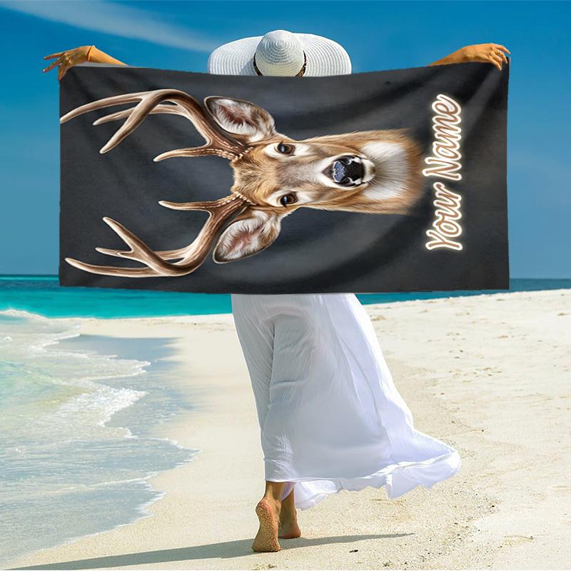 1PC Custom Name Deer Portrait Beach Towel Highly Absorbent And Sand-Resistant Towel for Swimming, Pool, Yoga, And Travel Lightweight