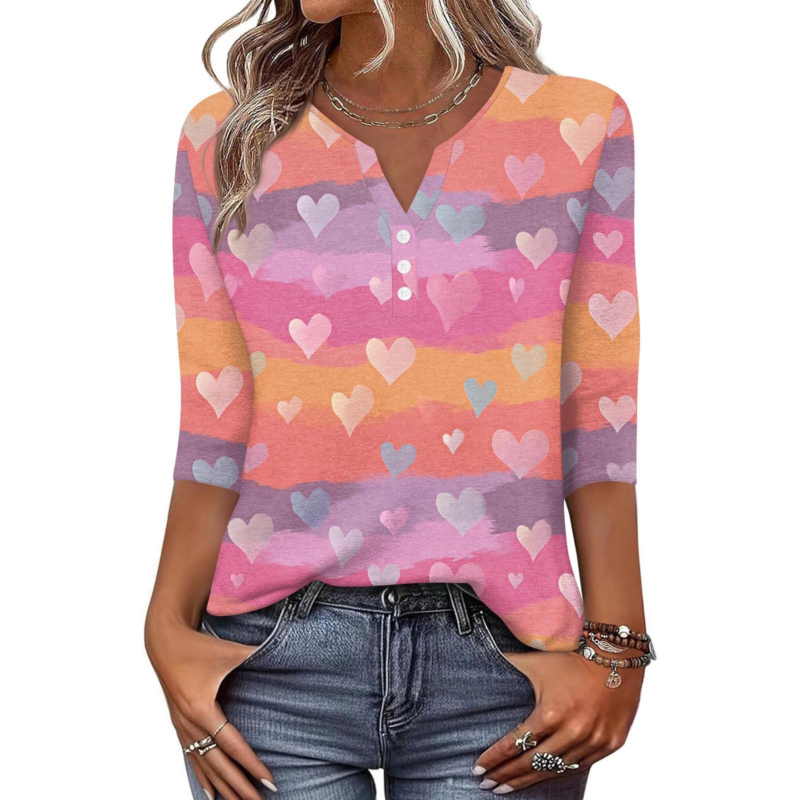 

Жен. Футболка С принтом Пуговицы Рукав 3/4 Повседневные Выходные Мода Классический Классический V-образный вырез Обычный Верх L