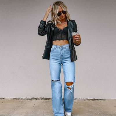 Jeans pour femmes déchirés et skinny droits à jambes larges