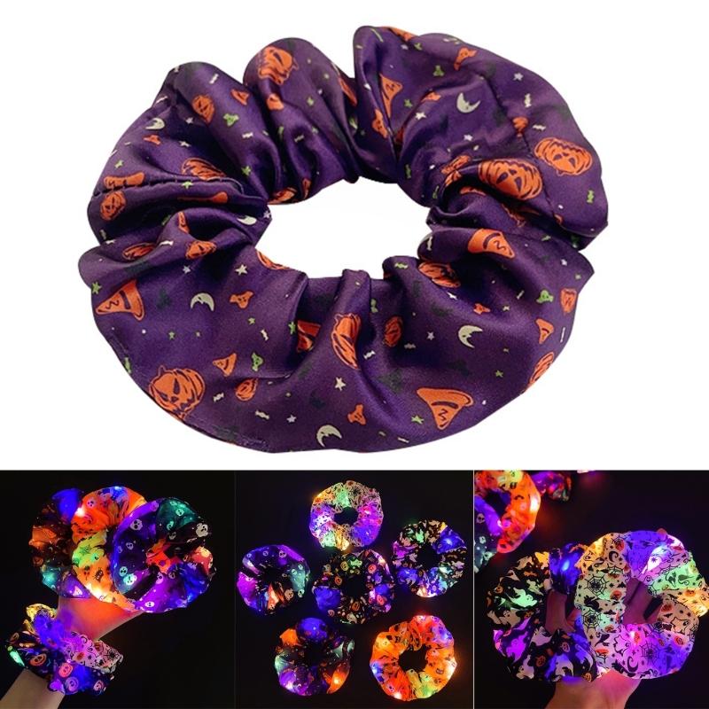 Glowing Pumpkin Hair Ties French Scrunchie Halloween Skull Pumpkin Bat Halloween Hair Style Tool Scrunchie