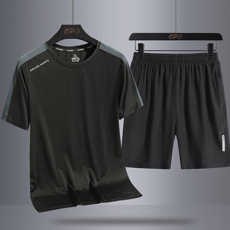 Sports Suit Men's Ice Silk Casual Loose Two-piece Set New Breathable Quick Drying Outdoor Round Neck T-shirt Shorts