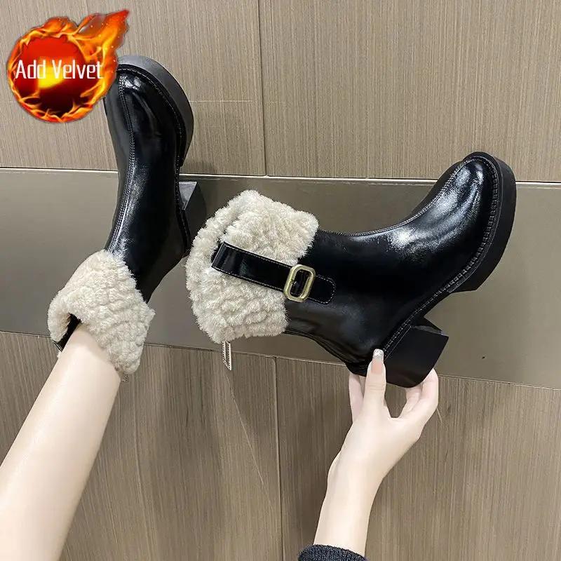 

Женская обувь элегантная на среднем каблуке плюс теплая зимняя 2024 женские сноубутсы по акции весенне-осенние плюшевые не скользкие готические 39 35