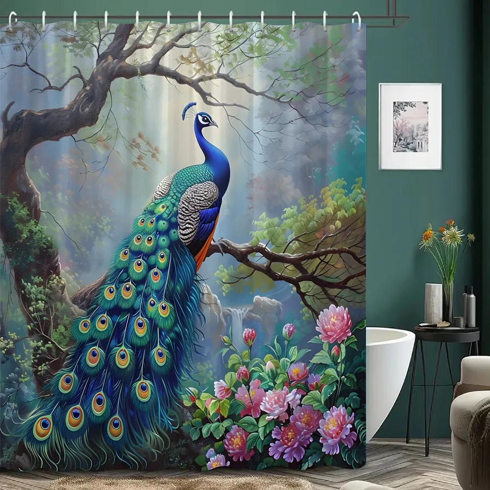 Beautiful Peacock Shower Curtain Blooming Flower Botanical Watercolour Artistic Creation Polyester Shower Curtain Bathroom Dec