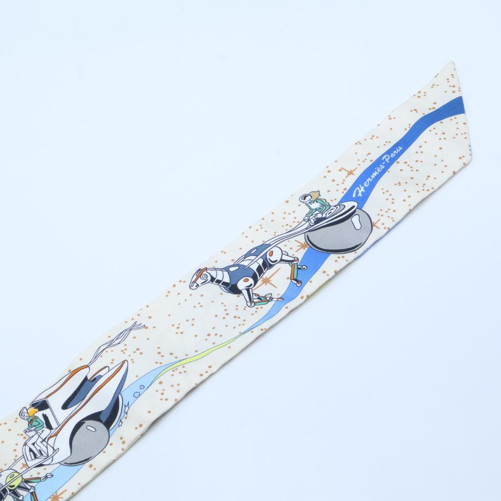 HERMES Space Derby Silk 100 Twilly scarf whiteUsed