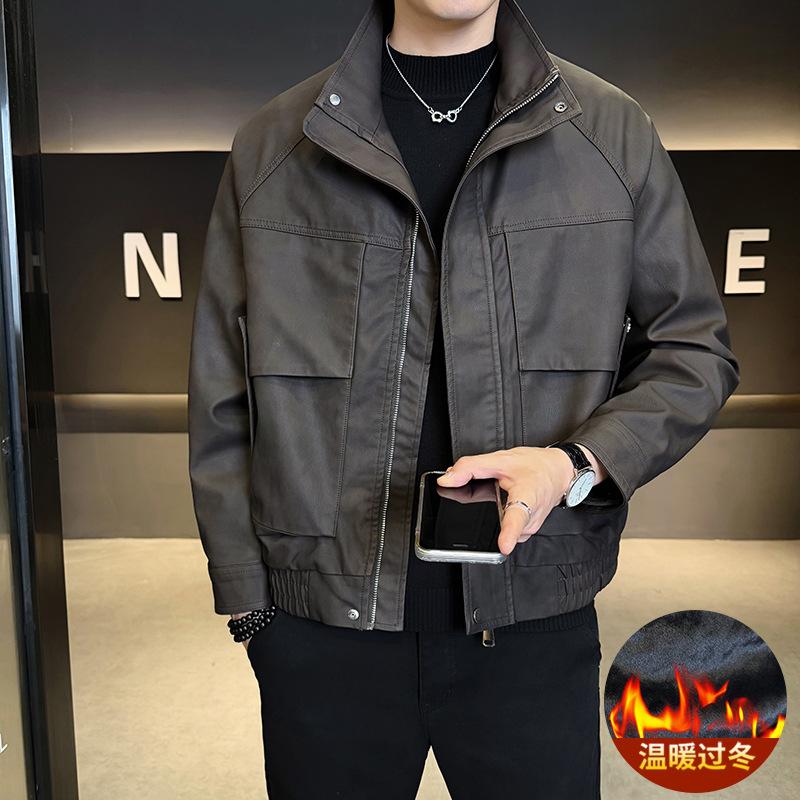Fleece jacket men's autumn and winter trendy brand stand-up collar solid color PU leather jacket fashion versatile slim leather jacket motorcycle clot