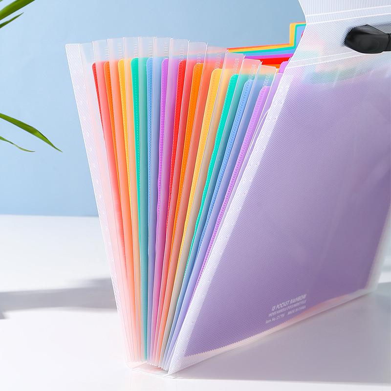 Handheld Rainbow Accordion 13-Grid Snap-Button Storage Bag for Student Papers