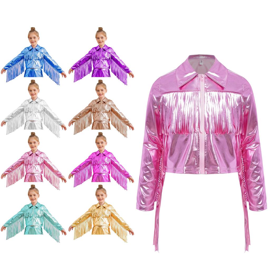 Girls Dance Jacket Metallic Tassel Design Turn Down Collar Long Sleeve Zipper Fringe Party Top