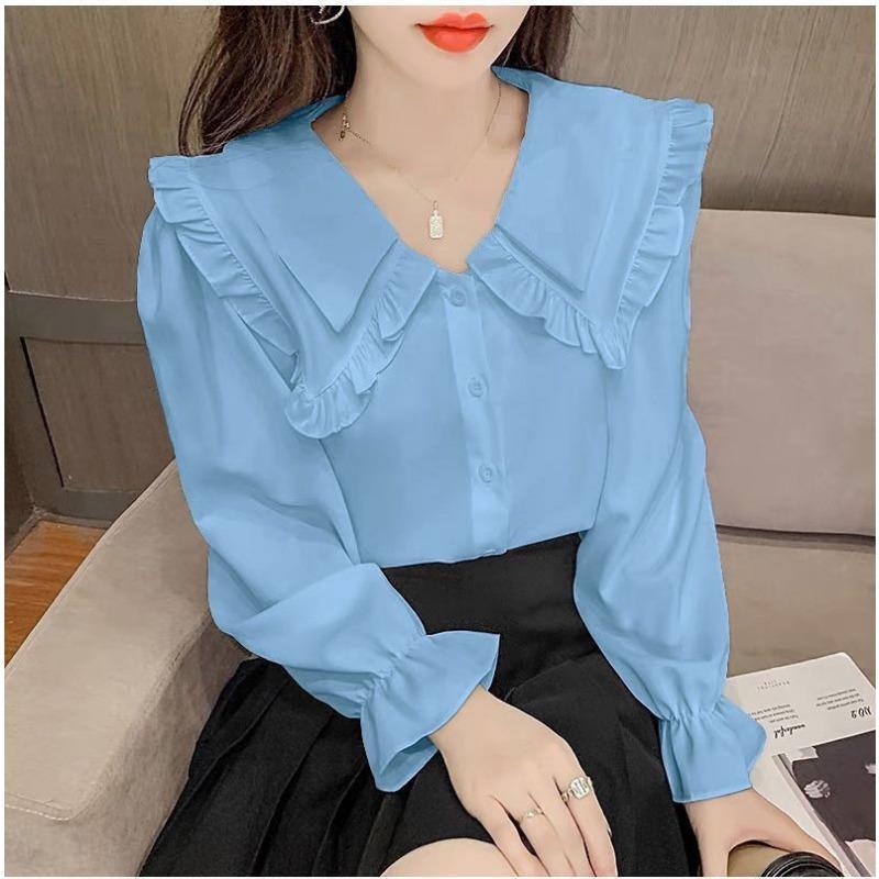 Solid Color Shirt for Women Spring Autumn New Design Sweet Fungus Edge Doll Collar Long-sleeved Top