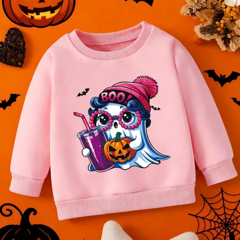 Kids Crewneck Sweatshirt, Halloween Pom-Pom Hat Ghost Print Holding Purple Drink & Jack-o'-Lantern,
