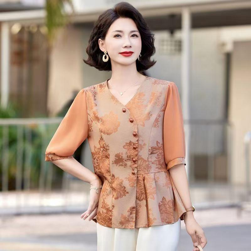 

Women s Spring and Summer T-shirt Red Jacquard V-neck Four-quarter Sleeve Top 5XL помаранчевий