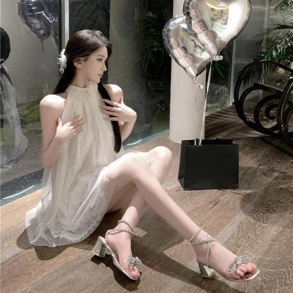 Super Fairy Camellia Lace Halterneck Sleeveless Off-shoulder Loose Sweet Age-reducing Dress Sexy Pure Desire Socialite Short Skirt