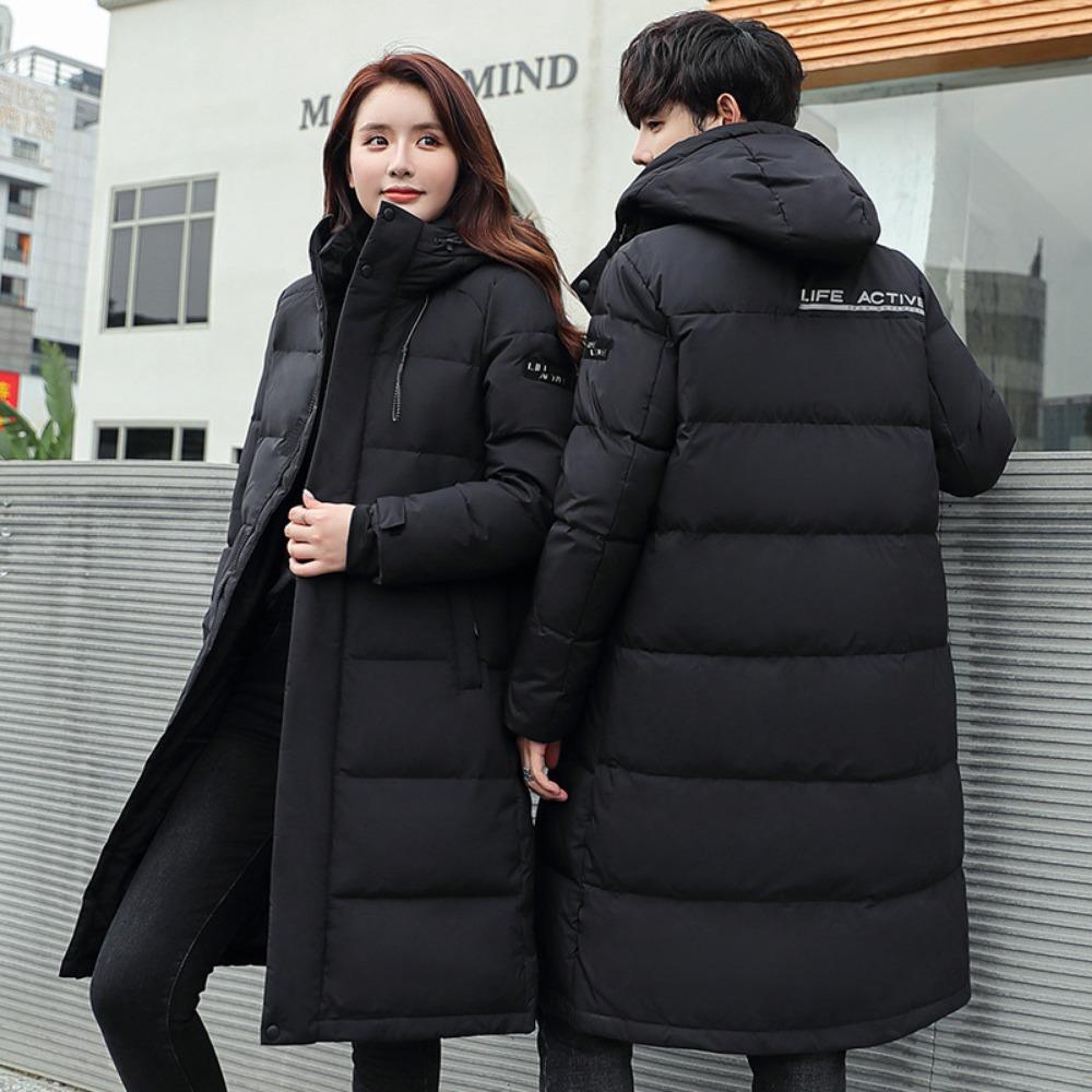 Winter couple down jacket thickened men's and women's down jacket long over knee hooded down jacket warm trendy jacket