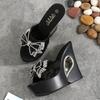Fashion 2025 Womens Slippers Creepers Shoes Platform Bowknot Rhinestones Crystal Wedge Super 13CM High Heel New Summer Hollow Black
