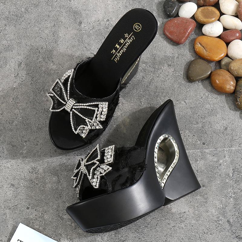 Fashion 2025 Womens Slippers Creepers Shoes Platform Bowknot Rhinestones Crystal Wedge Super 13CM High Heel New Summer Hollow Black